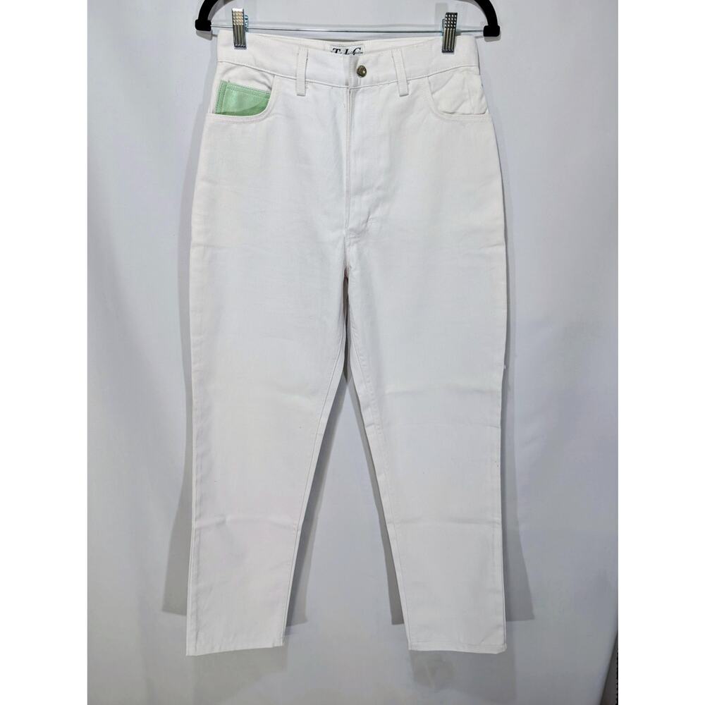 Vintage TLC Tanis Leather Collection Size 8 White Jeans Green Leather Pocket
